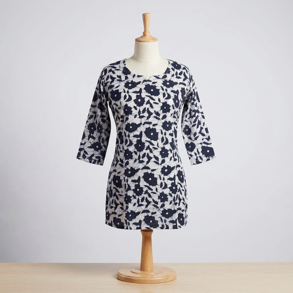 Navy Blue & White Printed Cotton Kurti